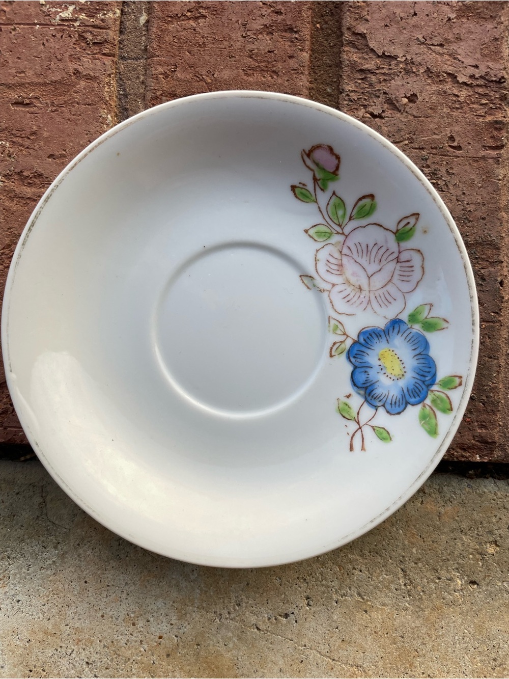Vintage White Porcelain Saucer with Blue and Pink Floral Motif